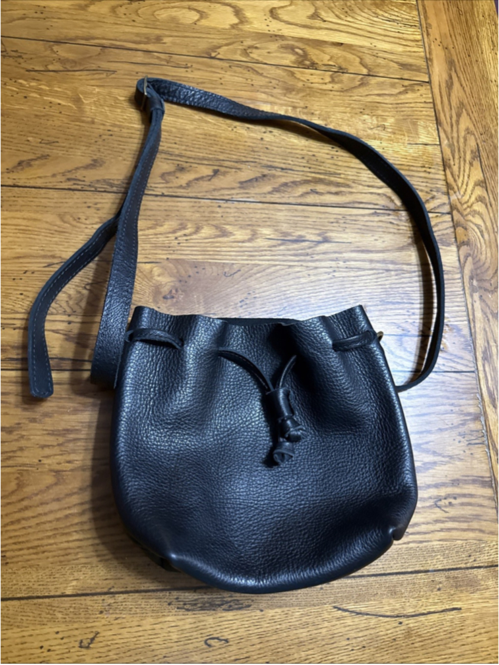 PORTLAND LEATHER GOODS Black Handmade NWOT Crossbody Drawstring Bucket Bag- USA